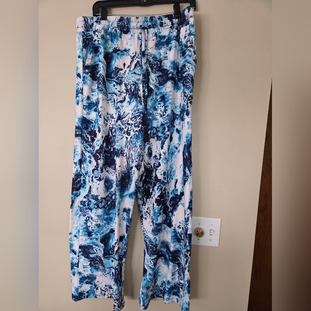 Blue and White Abstract Women's Pants XL Realy High Waist Stretch